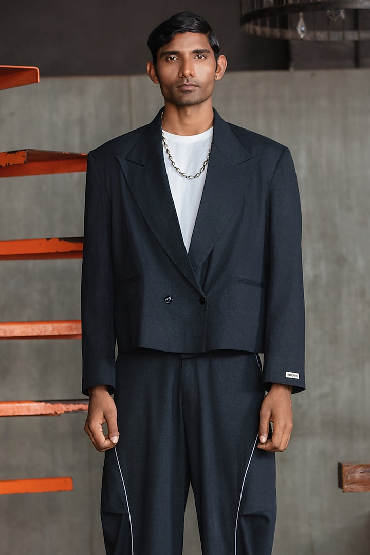 Navy Blue Linen Blend Double-Breasted Blazer by Not So Couture at Pernia's Pop Up Shop