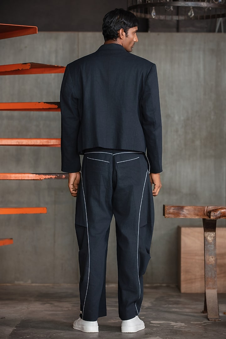 Navy Blue Linen Blend Double-Breasted Blazer by Not So Couture at Pernia's Pop Up Shop
