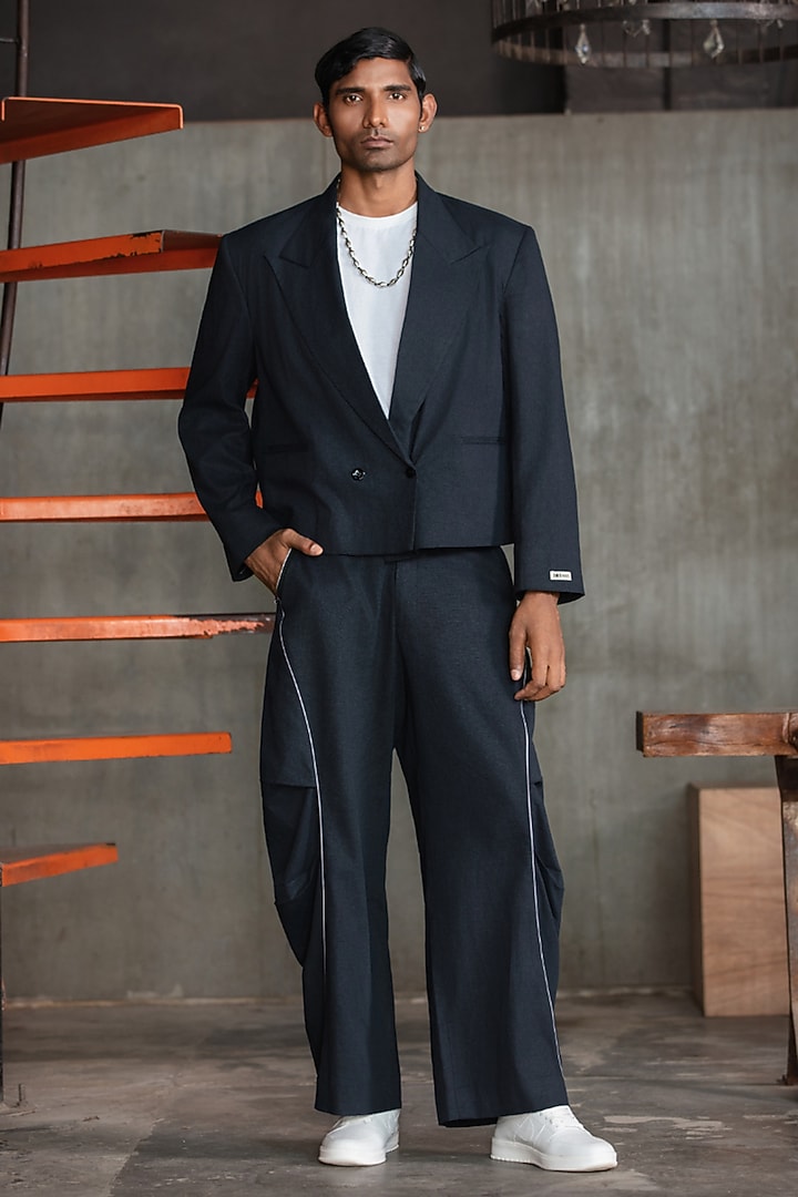 Navy Blue Linen Blend Double-Breasted Blazer by Not So Couture at Pernia's Pop Up Shop
