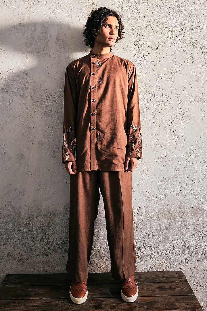 Dave Brown Linen Embroidered Co-Ord Set by Not So Couture at Pernia's Pop Up Shop