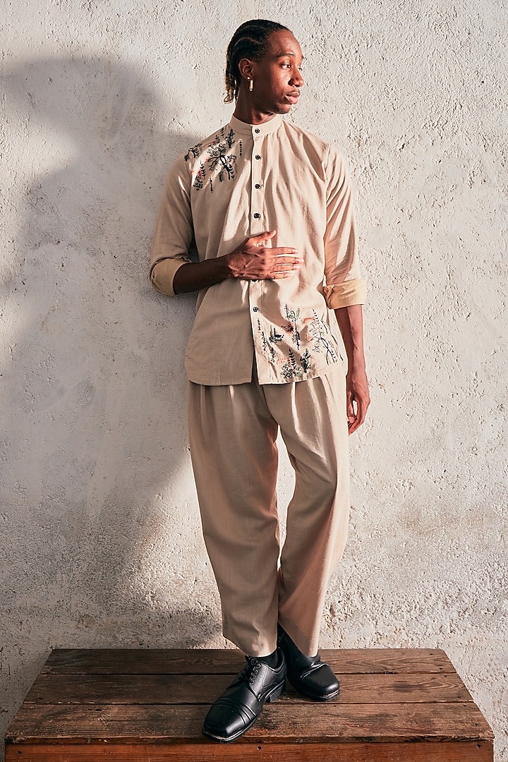 Beige Linen Embroidered Wedding Shirt by Not So Couture at Pernia's Pop Up Shop
