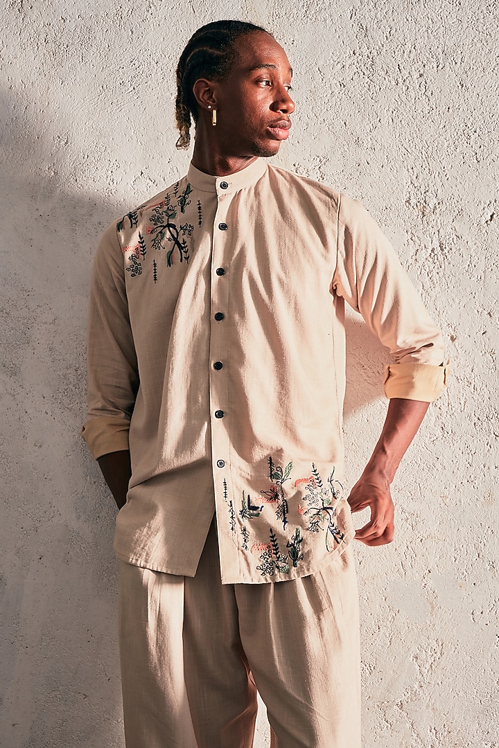Beige Linen Embroidered Wedding Shirt by Not So Couture at Pernia's Pop Up Shop