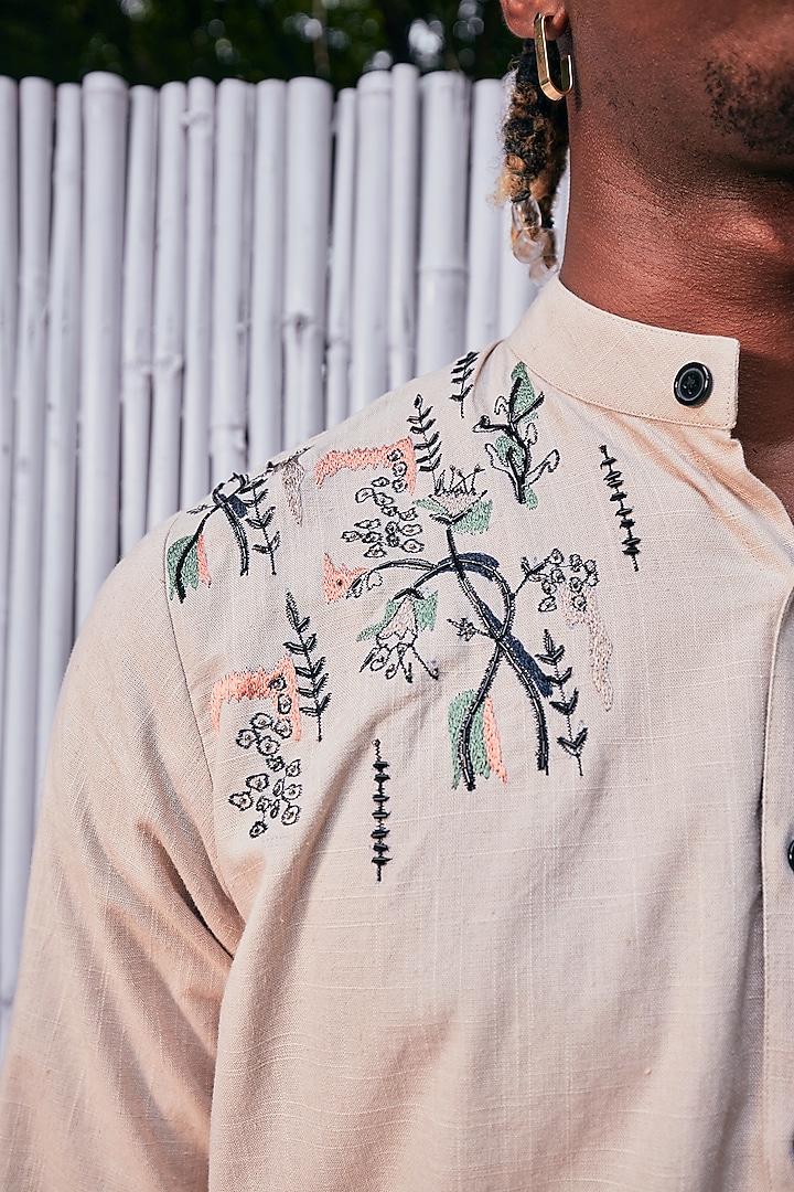 Beige Linen Embroidered Wedding Shirt by Not So Couture at Pernia's Pop Up Shop