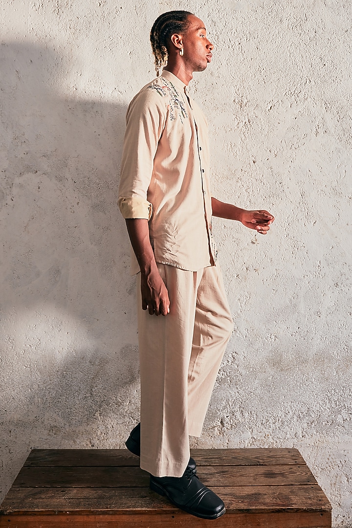 Beige Linen Embroidered Wedding Shirt by Not So Couture at Pernia's Pop Up Shop