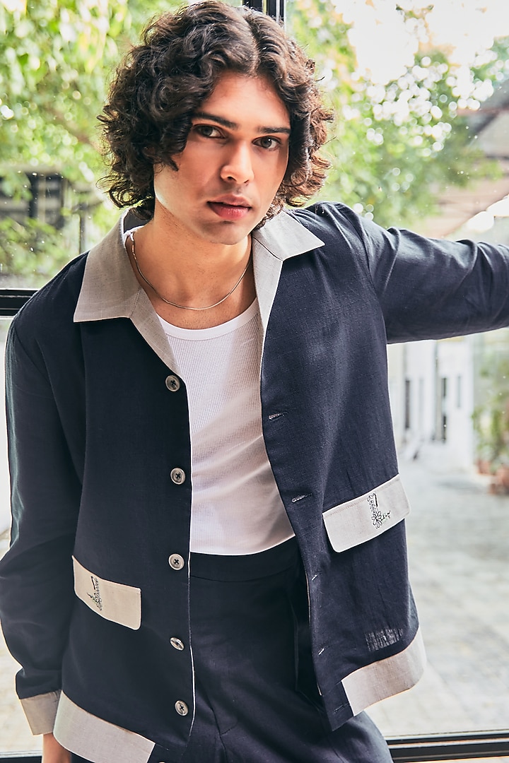 Navy Blue Linen Shacket by Not So Couture at Pernia's Pop Up Shop