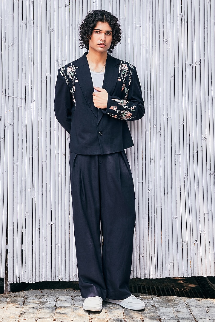 Navy Blue Linen Embroidered Shacket by Not So Couture at Pernia's Pop Up Shop