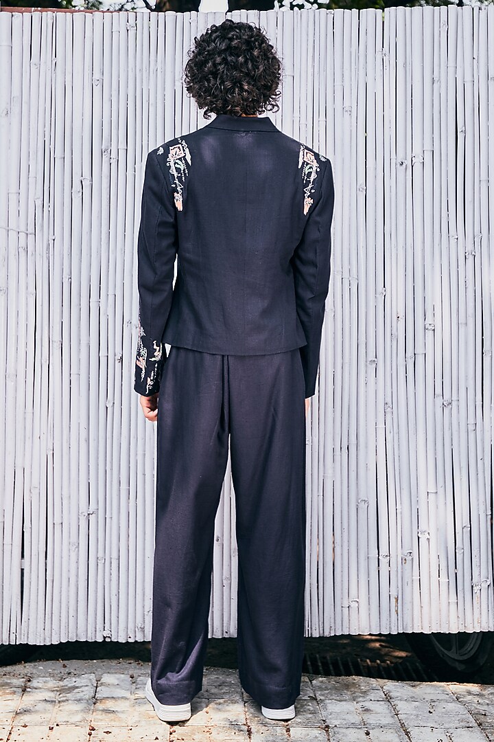 Navy Blue Linen Embroidered Shacket by Not So Couture at Pernia's Pop Up Shop