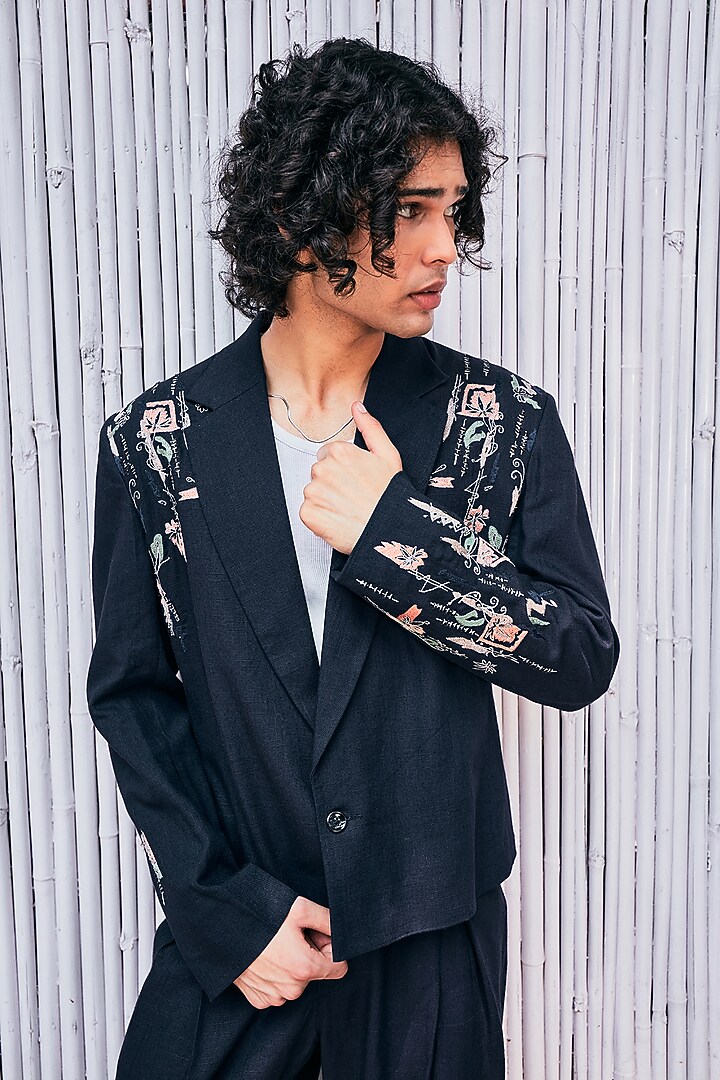 Navy Blue Linen Embroidered Shacket by Not So Couture at Pernia's Pop Up Shop