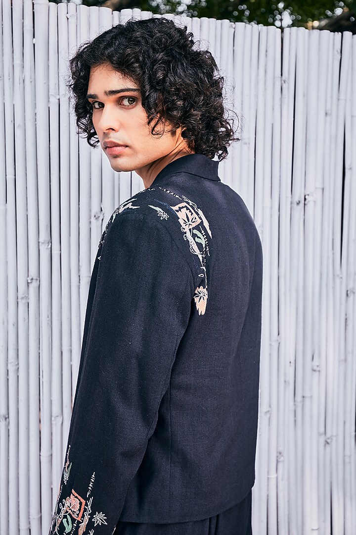 Navy Blue Linen Embroidered Shacket by Not So Couture at Pernia's Pop Up Shop
