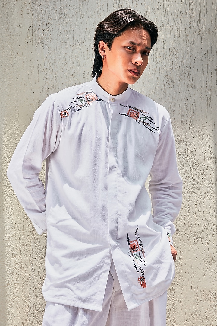 White Linen Embroidered Wedding Shirt by Not So Couture at Pernia's Pop Up Shop