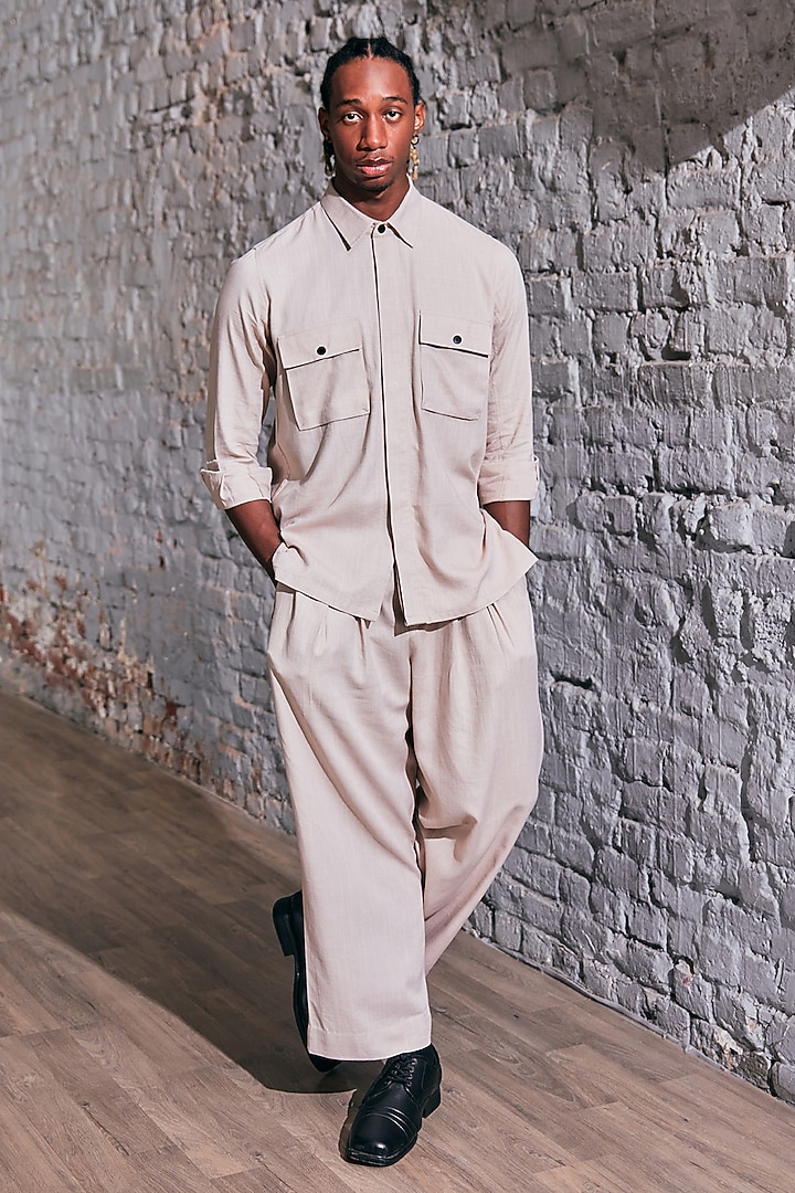 Beige Linen Embroidered Wedding Shirt by Not So Couture at Pernia's Pop Up Shop