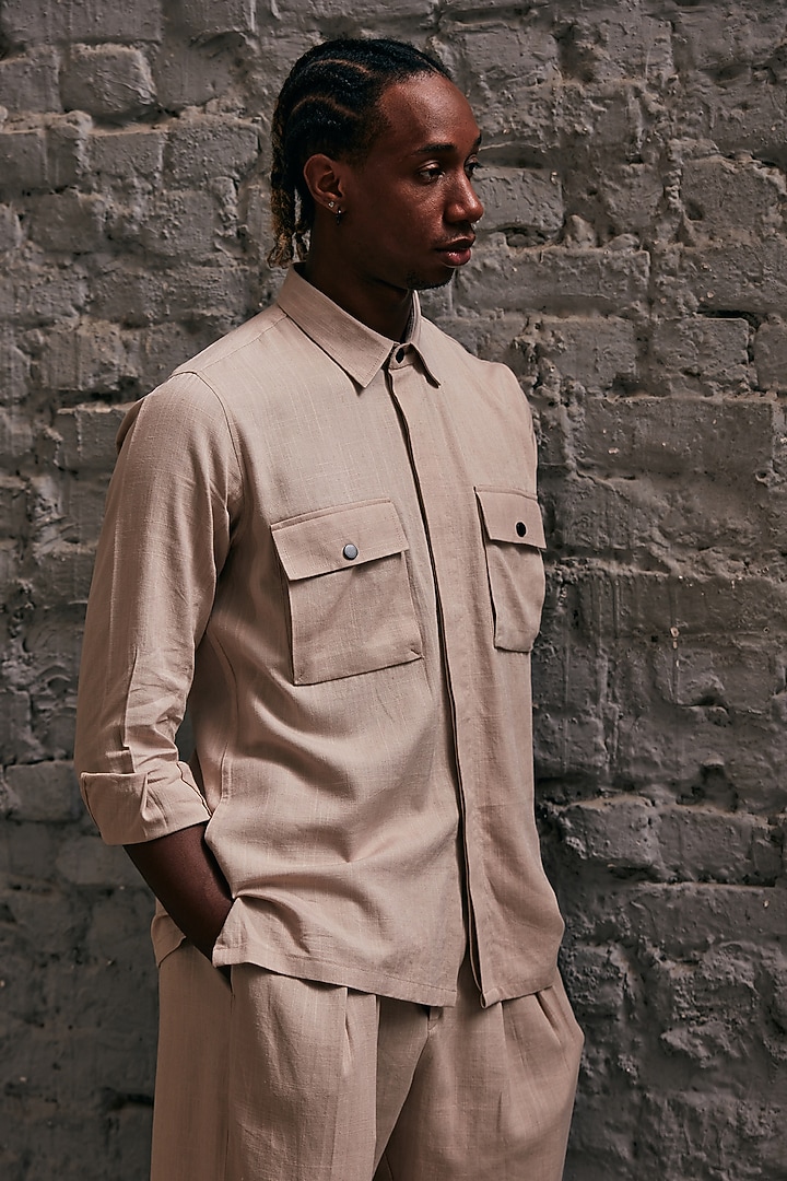Beige Linen Embroidered Wedding Shirt by Not So Couture at Pernia's Pop Up Shop