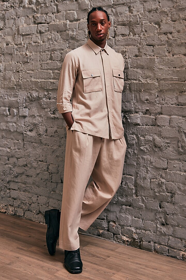Beige Linen Embroidered Wedding Shirt by Not So Couture at Pernia's Pop Up Shop