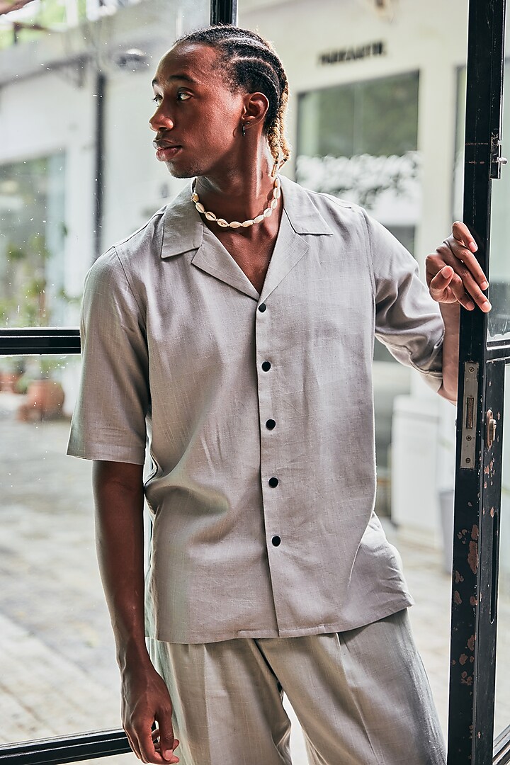 Grey Linen Party Wear Shirt by Not So Couture at Pernia's Pop Up Shop