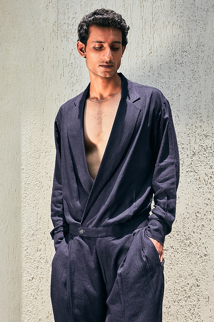 Navy Blue Linen Jumpsuit by Not So Couture at Pernia's Pop Up Shop