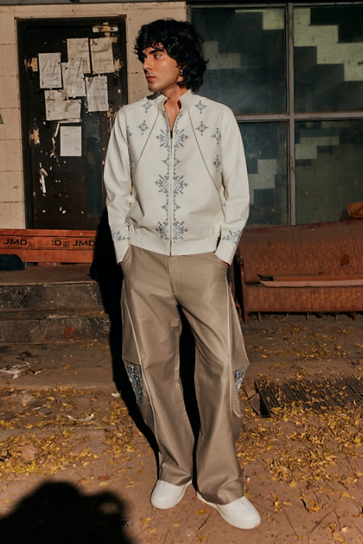 Grey Linen Blend Embroidered Bomber Jacket by Not So Couture at Pernia's Pop Up Shop