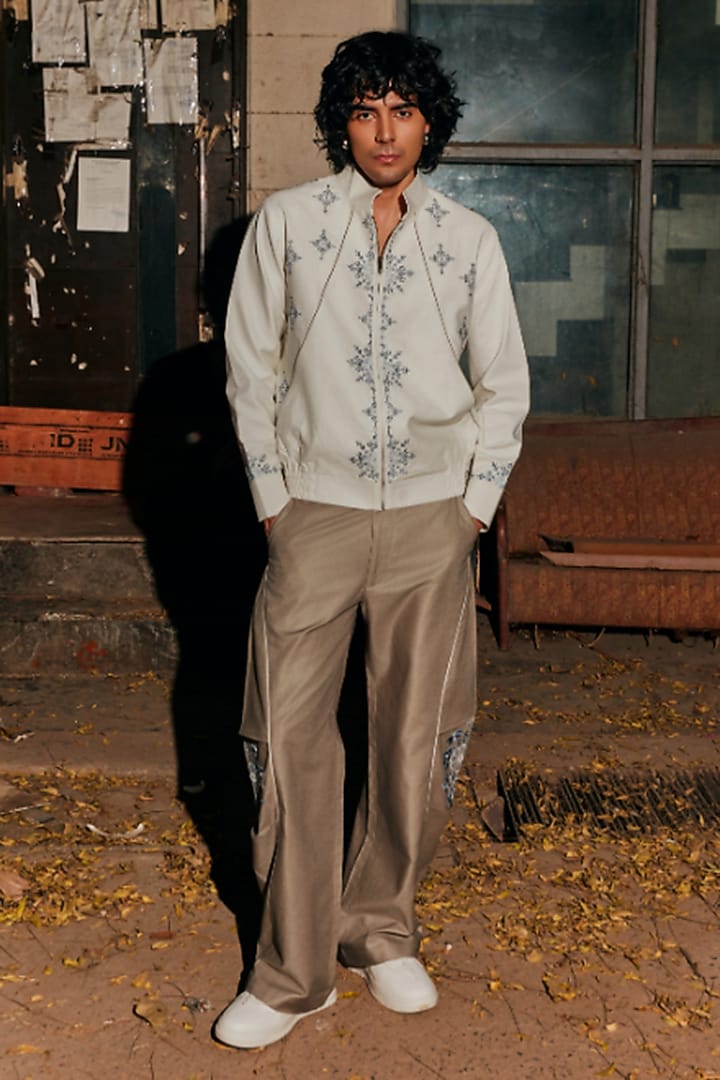 Grey Linen Blend Embroidered Bomber Jacket by Not So Couture at Pernia's Pop Up Shop
