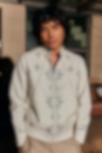 White Linen Blend Embroidered Bomber Jacket by Not So Couture at Pernia's Pop Up Shop