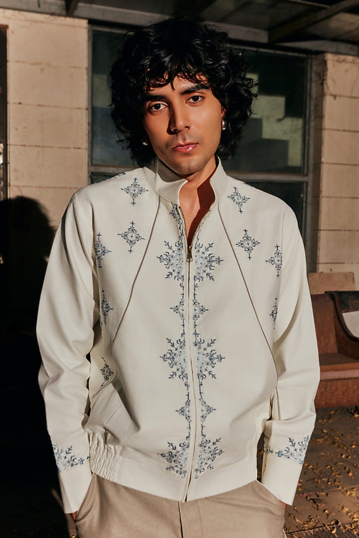 White Linen Blend Embroidered Bomber Jacket by Not So Couture at Pernia's Pop Up Shop