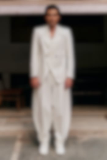 White Linen Blend Embroidered Jacket Set by Not So Couture at Pernia's Pop Up Shop