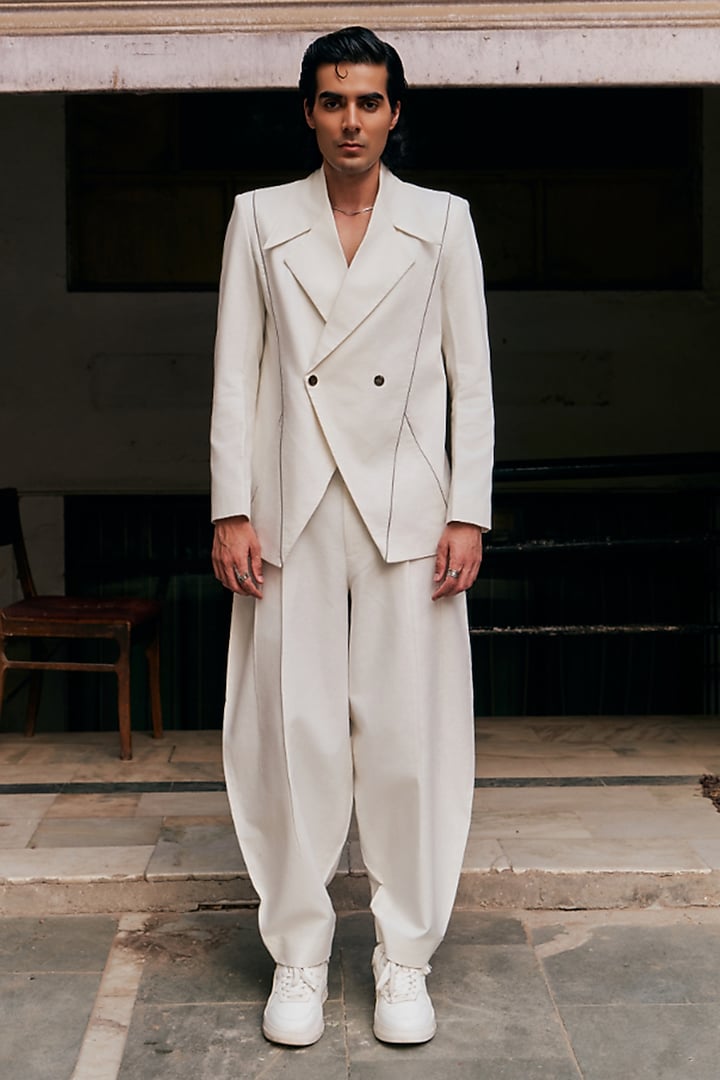 White Linen Blend Embroidered Jacket Set by Not So Couture at Pernia's Pop Up Shop