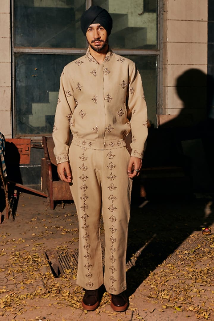 Beige Linen Blend Bomber Jacket Set by Not So Couture at Pernia's Pop Up Shop