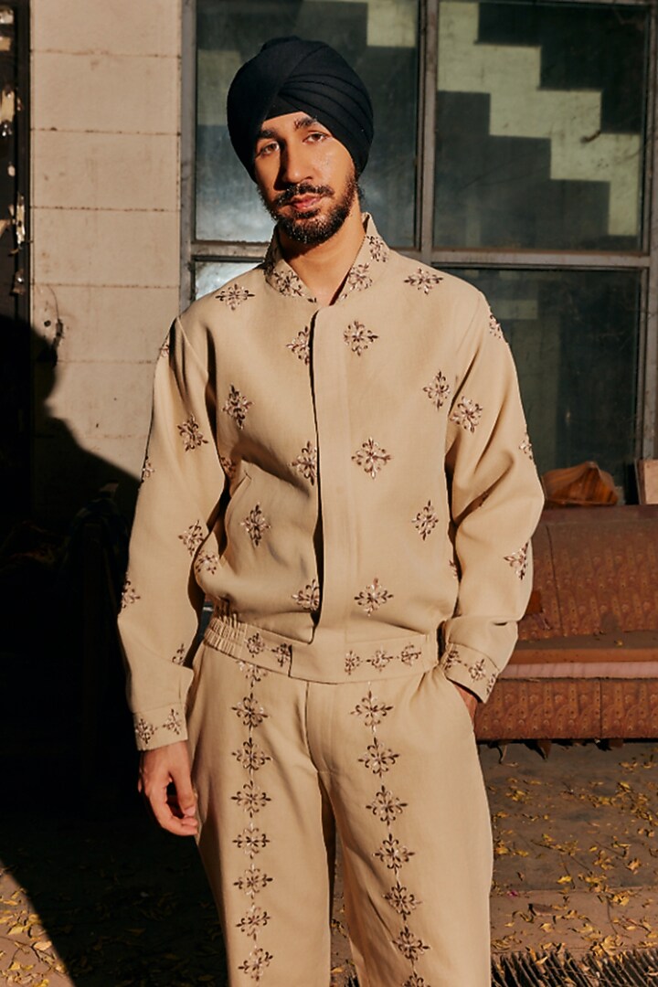 Beige Linen Blend Bomber Jacket Set by Not So Couture at Pernia's Pop Up Shop