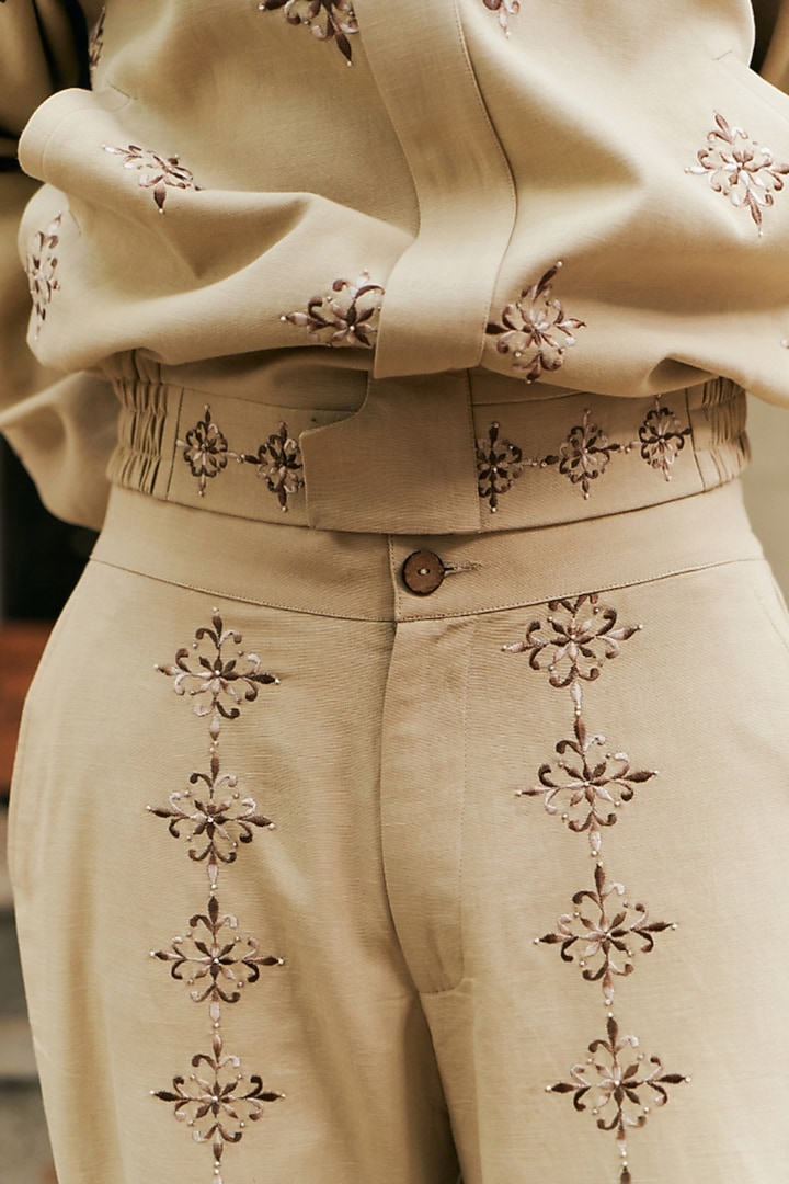 Beige Linen Blend Bomber Jacket Set by Not So Couture at Pernia's Pop Up Shop