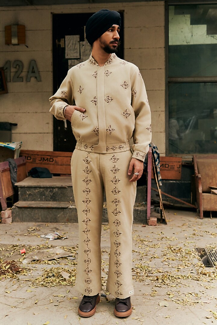 Beige Linen Blend Bomber Jacket Set by Not So Couture at Pernia's Pop Up Shop