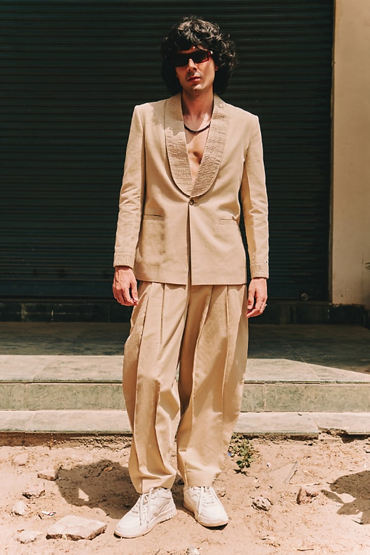 Beige Linen Blend Tuxedo Set by Not So Couture at Pernia's Pop Up Shop