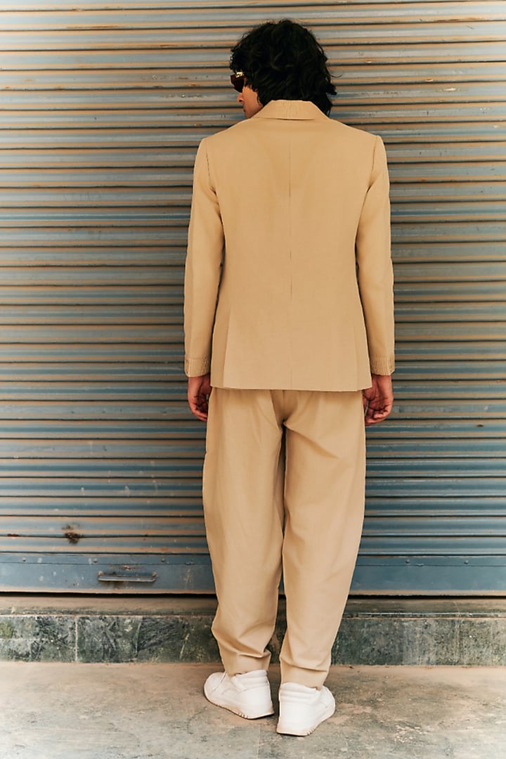 Beige Linen Blend Tuxedo Set by Not So Couture at Pernia's Pop Up Shop