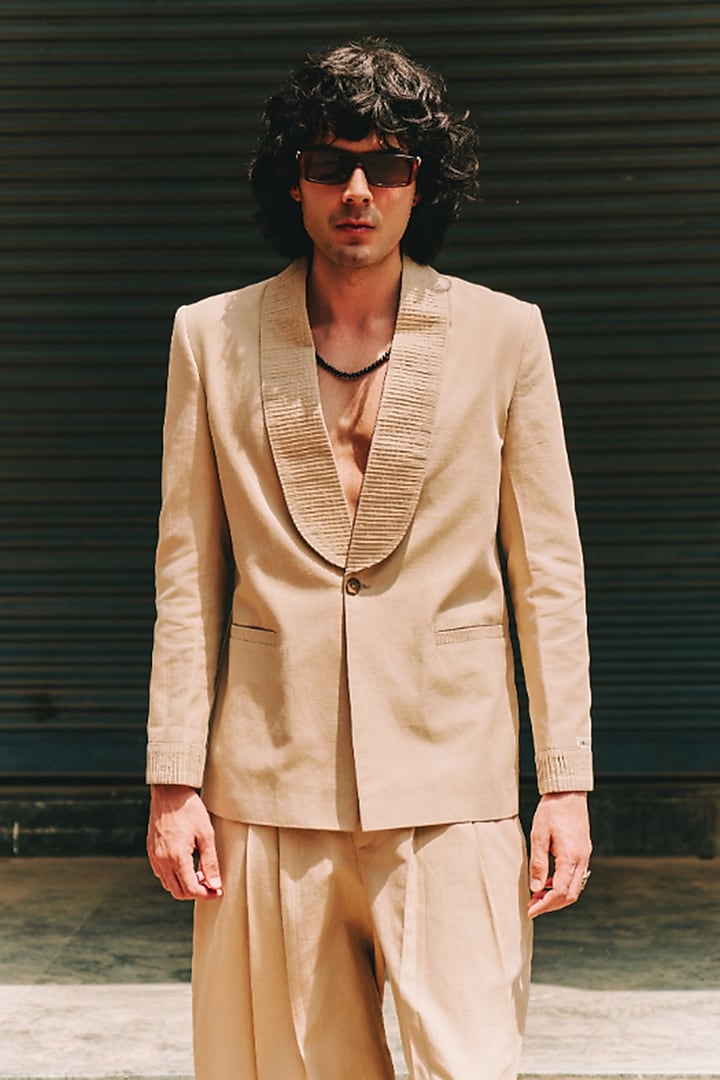 Beige Linen Blend Tuxedo Set by Not So Couture at Pernia's Pop Up Shop