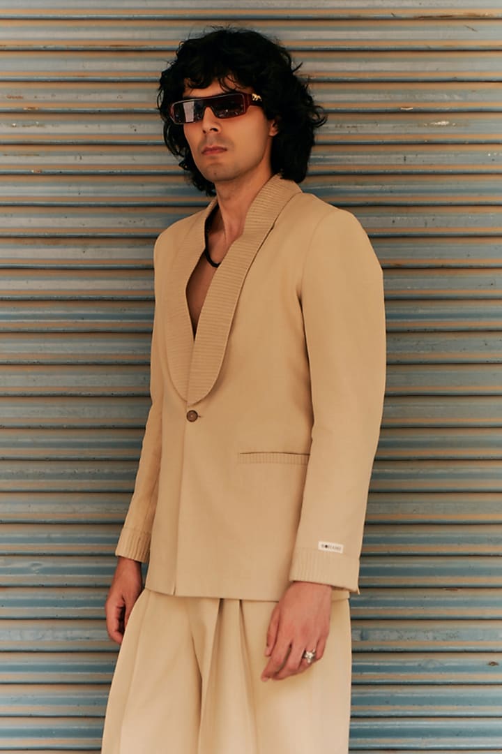 Beige Linen Blend Tuxedo Set by Not So Couture at Pernia's Pop Up Shop