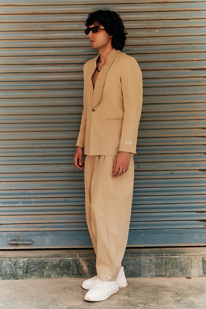 Beige Linen Blend Tuxedo Set by Not So Couture at Pernia's Pop Up Shop