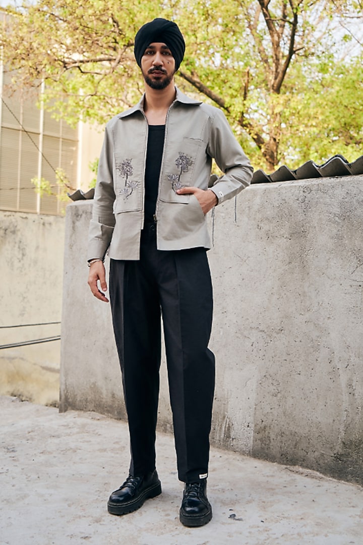 Grey Linen Blend Embroidered Shacket Set by Not So Couture at Pernia's Pop Up Shop