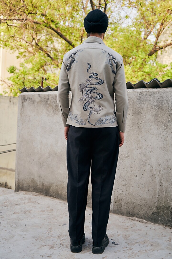Grey Linen Blend Embroidered Shacket Set by Not So Couture at Pernia's Pop Up Shop