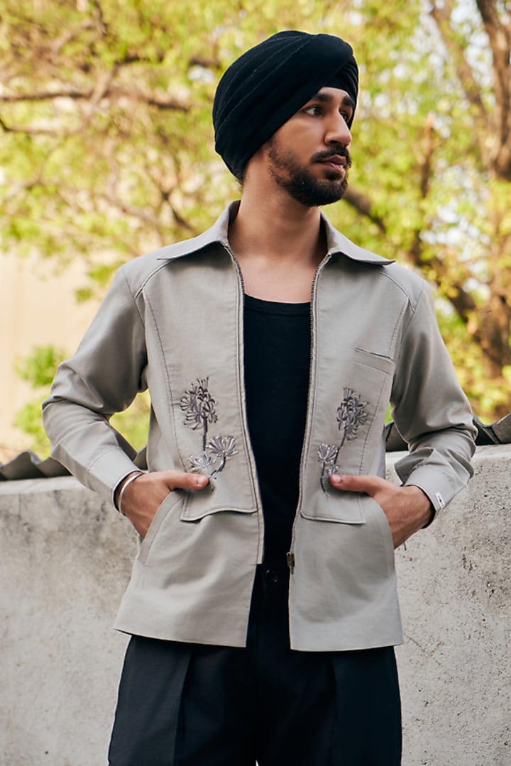 Grey Linen Blend Embroidered Shacket by Not So Couture at Pernia's Pop Up Shop