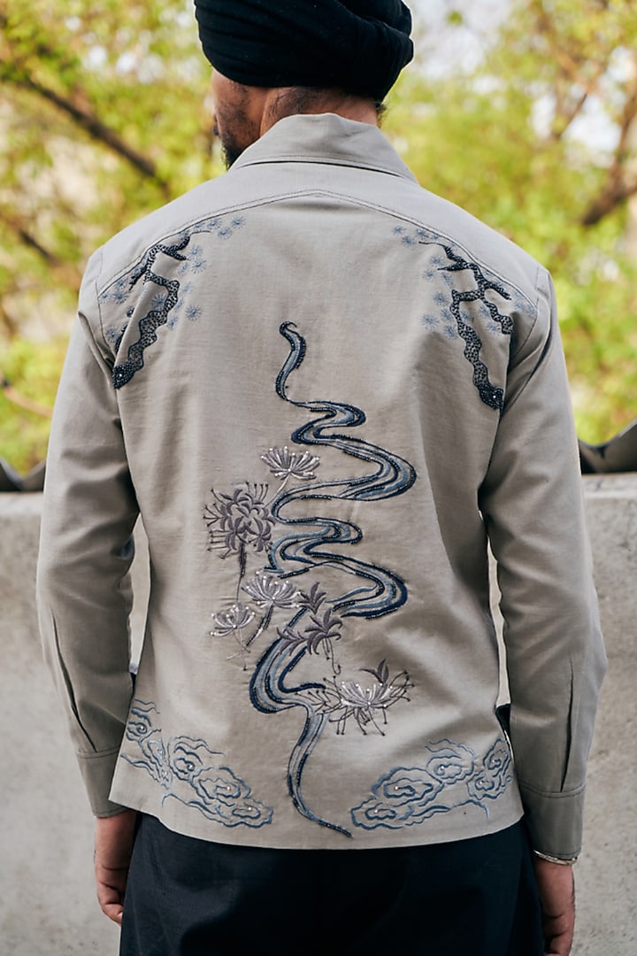 Grey Linen Blend Embroidered Shacket by Not So Couture at Pernia's Pop Up Shop