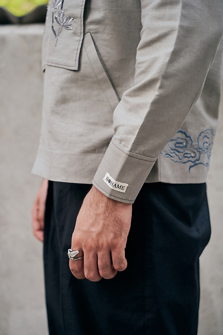 Grey Linen Blend Embroidered Shacket by Not So Couture at Pernia's Pop Up Shop
