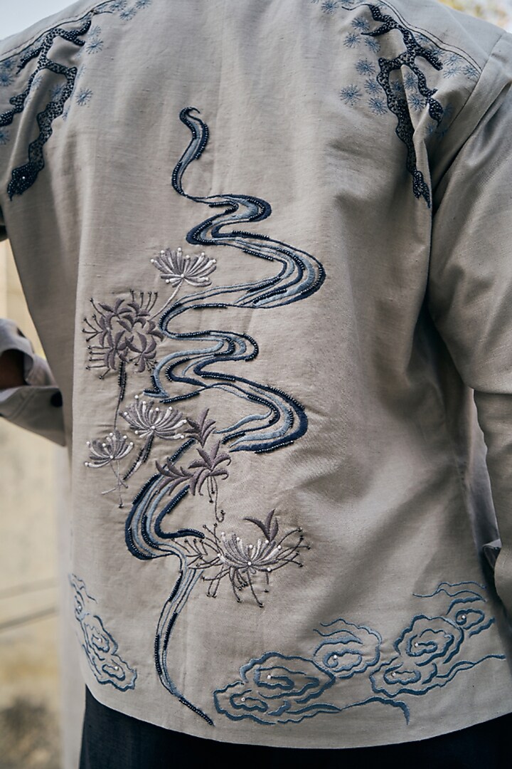 Grey Linen Blend Embroidered Shacket by Not So Couture at Pernia's Pop Up Shop
