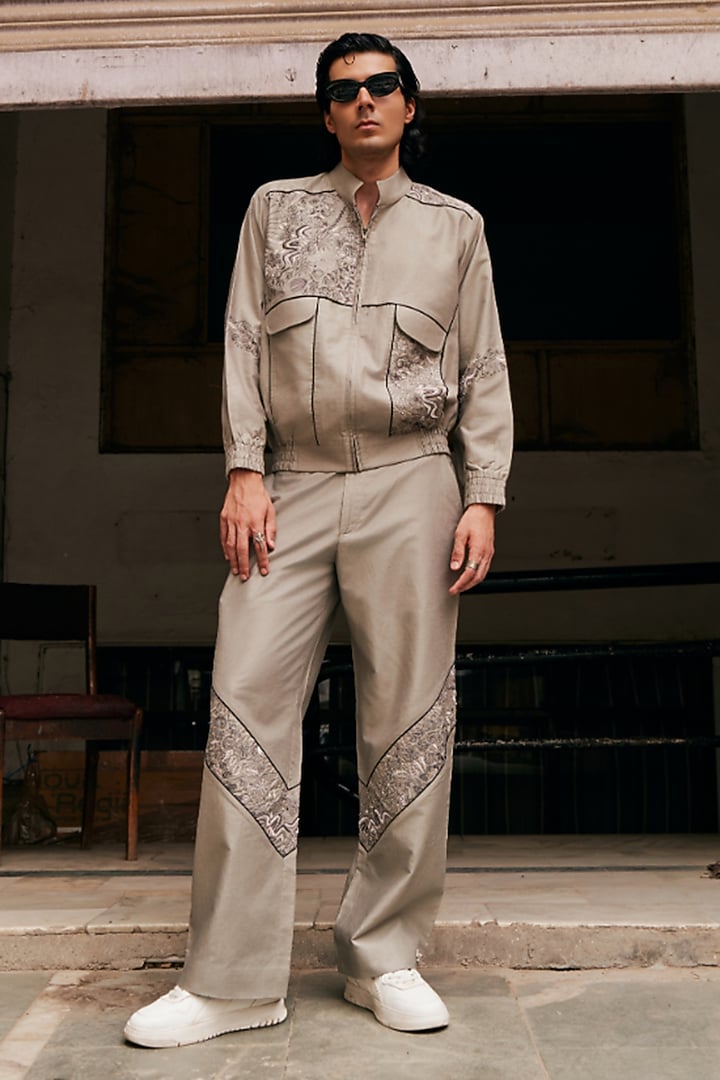 Grey Linen Blend Floral Embroidered Shacket Set by Not So Couture at Pernia's Pop Up Shop