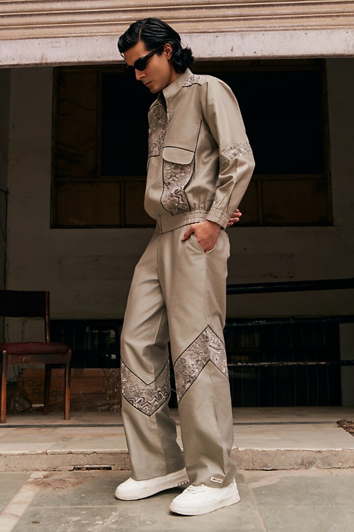 Grey Linen Blend Floral Embroidered Shacket Set by Not So Couture at Pernia's Pop Up Shop