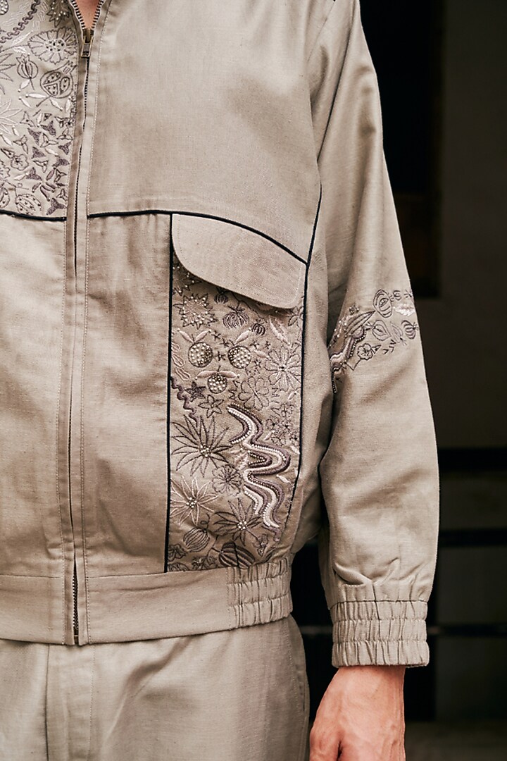 Grey Linen Blend Floral Embroidered Shacket Set by Not So Couture at Pernia's Pop Up Shop