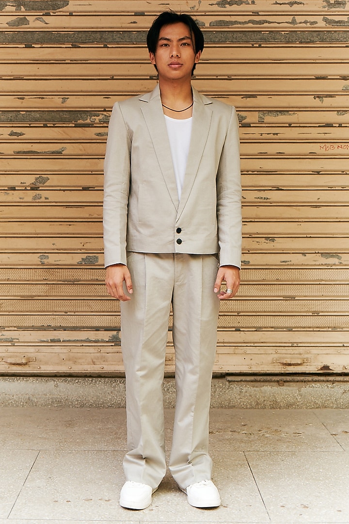 Grey Linen Blend Cropped Blazer Set by Not So Couture at Pernia's Pop Up Shop