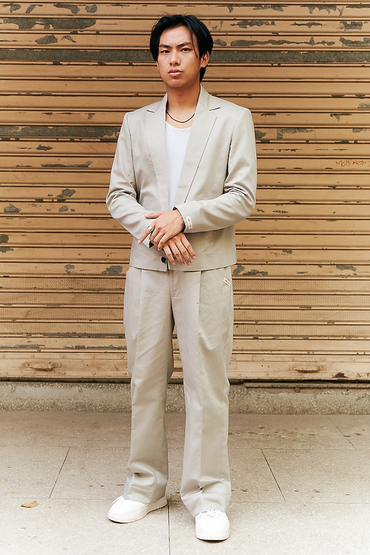 Grey Linen Blend Cropped Blazer Set by Not So Couture at Pernia's Pop Up Shop