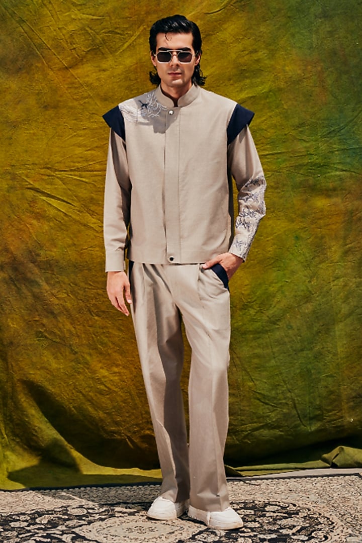 Grey Linen Blend Embroidered Jacket Set by Not So Couture at Pernia's Pop Up Shop