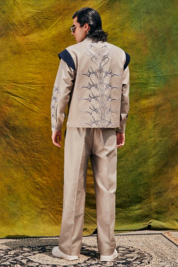 Grey Linen Blend Embroidered Jacket Set by Not So Couture at Pernia's Pop Up Shop