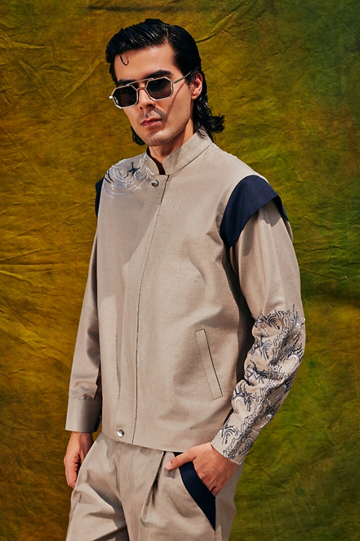 Grey Linen Blend Embroidered Jacket Set by Not So Couture at Pernia's Pop Up Shop