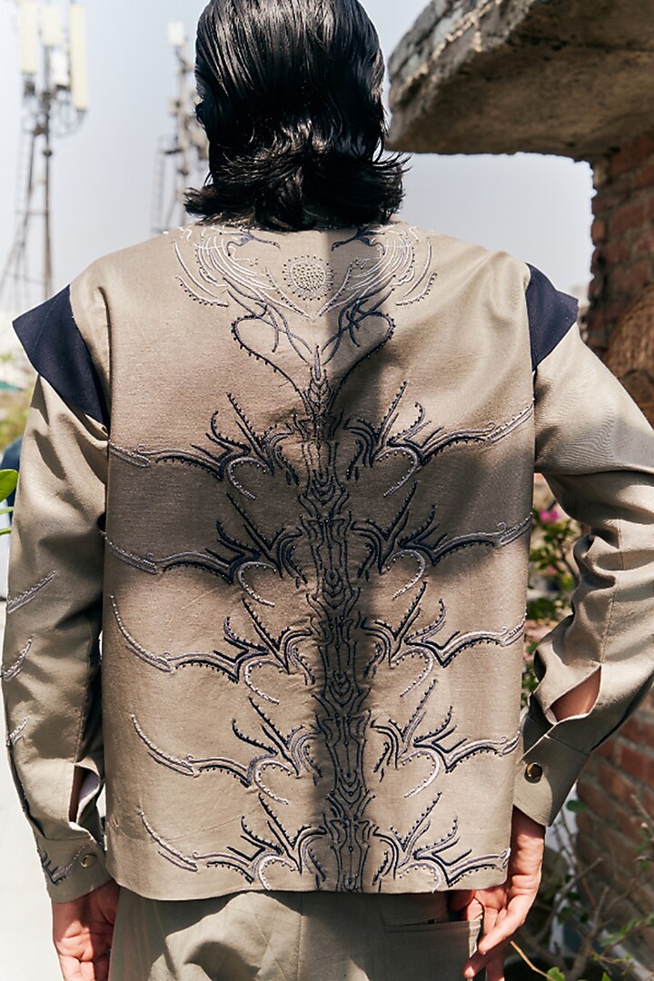 Grey Linen Blend Embroidered Jacket Set by Not So Couture at Pernia's Pop Up Shop