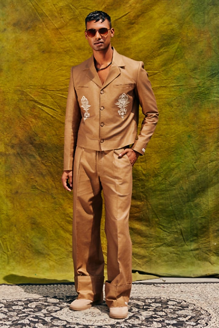 Antelope-Colored Linen Blend Cropped Blazer Set by Not So Couture at Pernia's Pop Up Shop